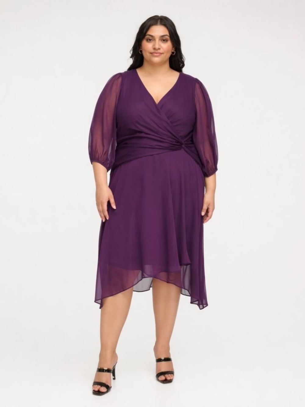 Plus Wrap V-Neck Chiffon Dress in Deep Purple